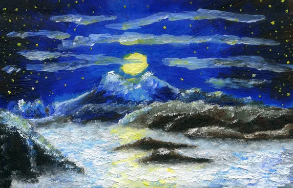 Pintura al óleo. Luna llena en las montañas —  Fotos de Stock