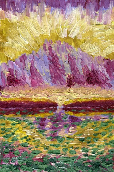 Olejomalba na plátně. Horské jezero s odrazy. — Stock fotografie
