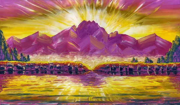 Pintura al óleo sobre lienzo. Lago de montaña con reflejos —  Fotos de Stock