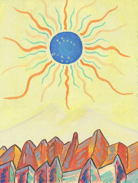 Olieverf schilderij op doek. Een prachtige zon boven de bergen — Stockfoto