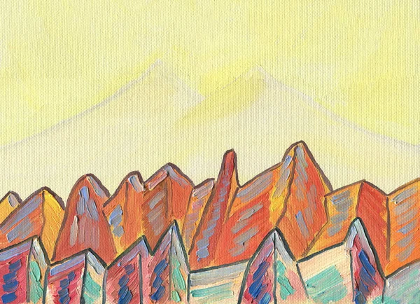 Pintura al óleo sobre lienzo. Montañas de cuento de hadas . —  Fotos de Stock