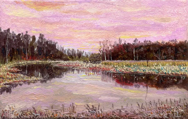 Oil painting. Landscape with a river, reeds and forest