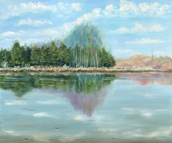 Oil Painting. Plain river with a calm current.