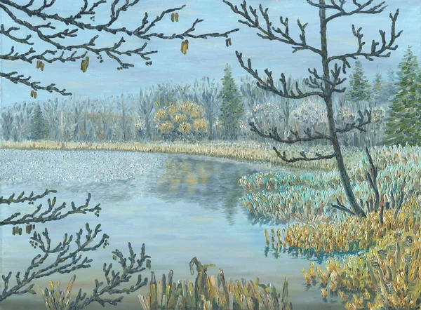 油画在帆布上。森林湖在春天. — 图库照片