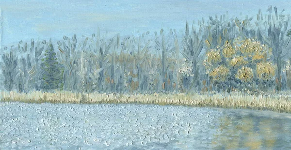 Oil Painting on canvas. Forest lake in the spring.