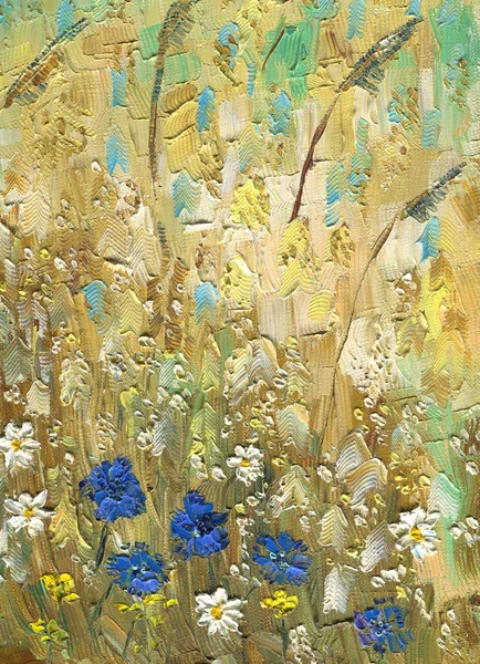 Oil painting on canvas. Cornflowers, chamomile and buttercup. — Stock Photo, Image