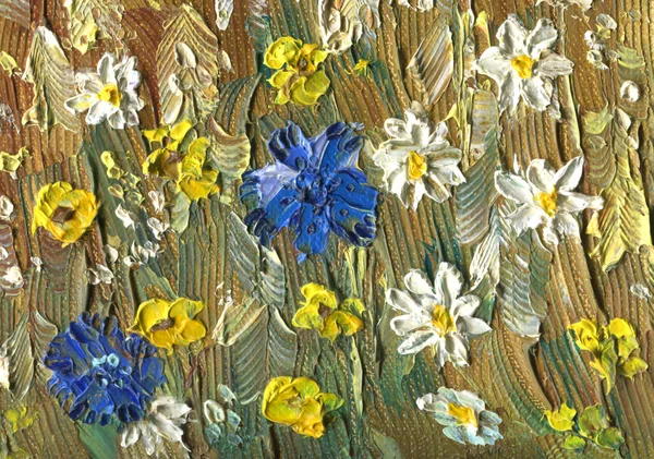 Ölmalerei auf Leinwand. Kornblumen, Kamille und Butterblume. — Stockfoto