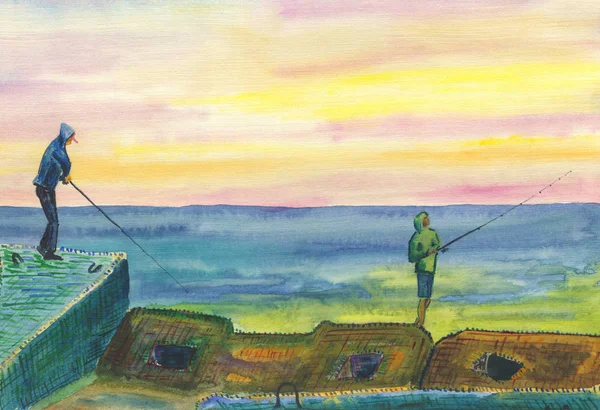 Pescadores em um quebra-mar . — Fotografia de Stock