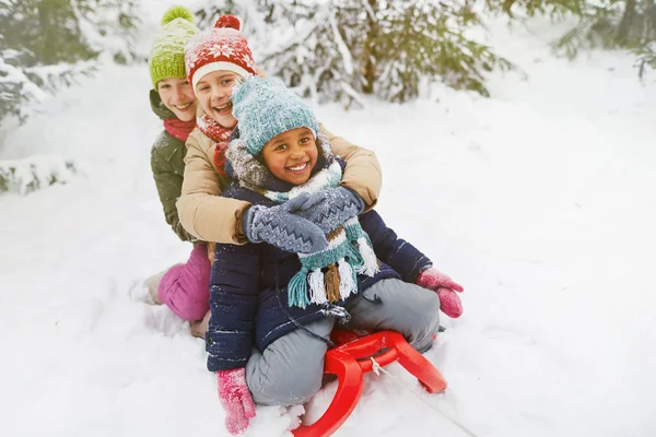 Három lány a szánkó birtoklás móka a hóban — Stock Fotó