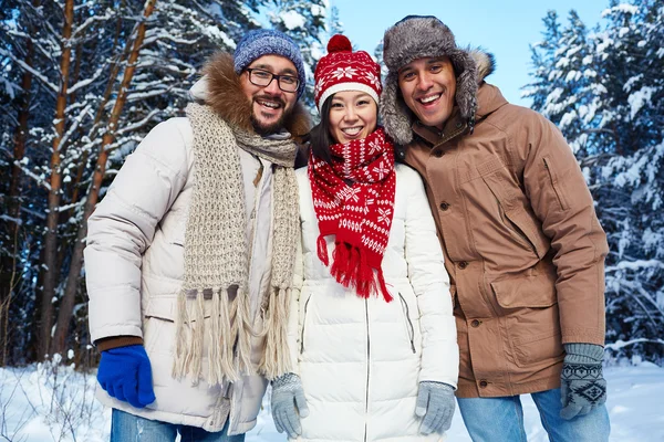 Přátelé v winterwear při pohledu na fotoaparát — Stock fotografie