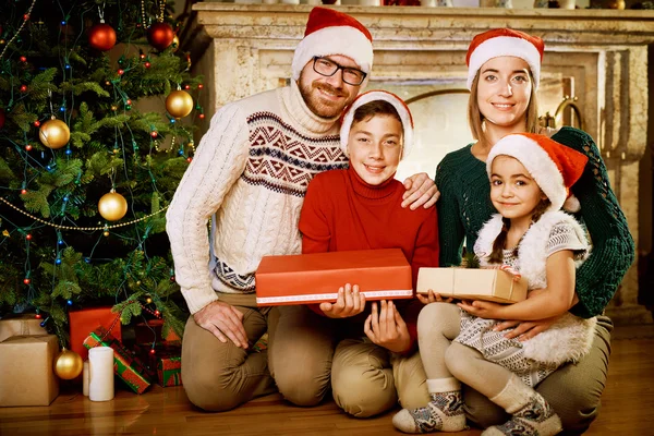 Familia sentada junto al árbol de Navidad decorado — Foto de Stock