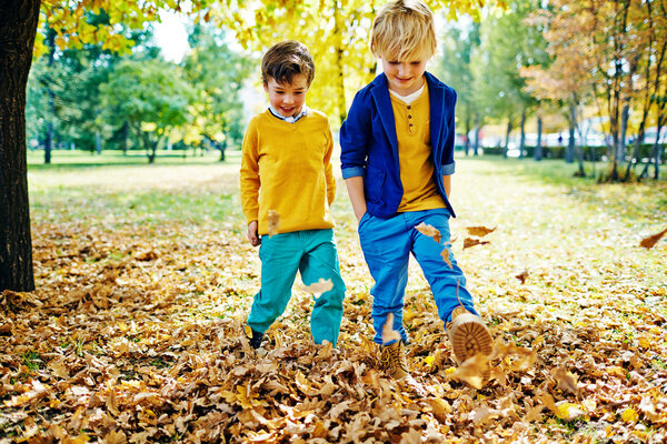 Boys Playing with Leaves in Park