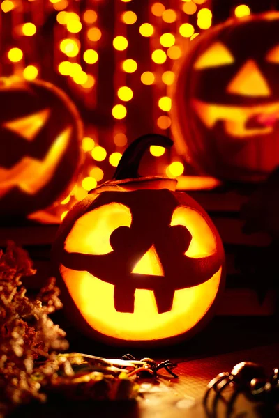 Jack a o lanterns on window sill — Stockfoto