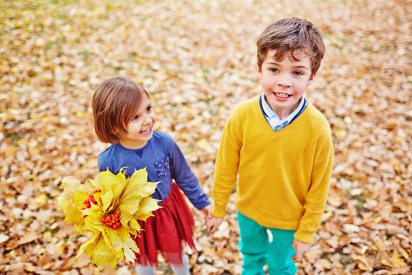 Kids walking in park in autumn — Stock Photo, Image