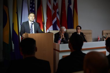 President speaking at international press conference 