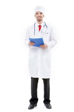 Doctor in apron looking at camera  clipart