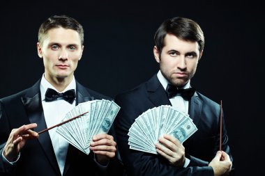 Serious men showing dollar banknotes clipart