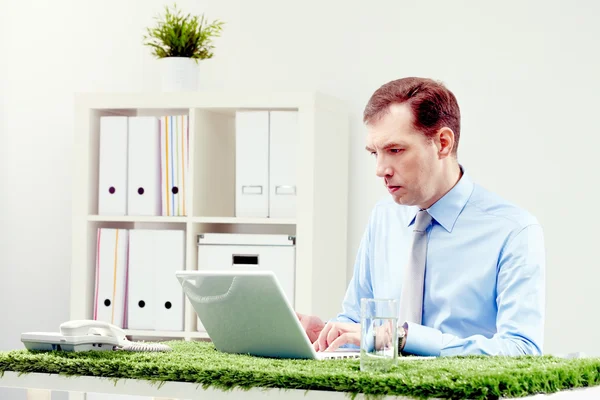 Homme d'affaires confiant tapant sur ordinateur portable dans le bureau — Photo