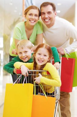 alışveriş sepeti içinde onların çocukları ile anne 