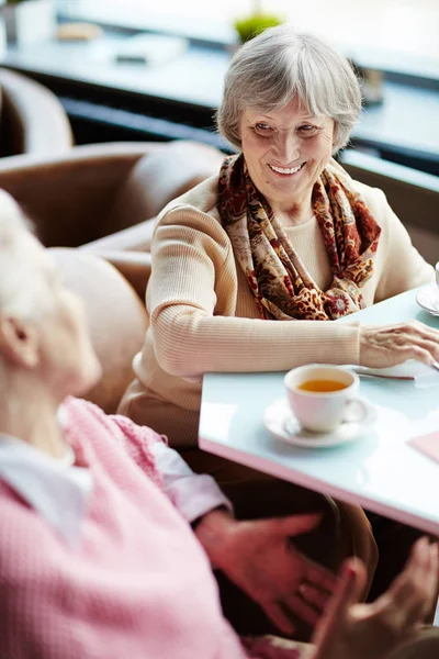 Ältere Freunde unterhalten sich bei Tee im Café — Stockfoto