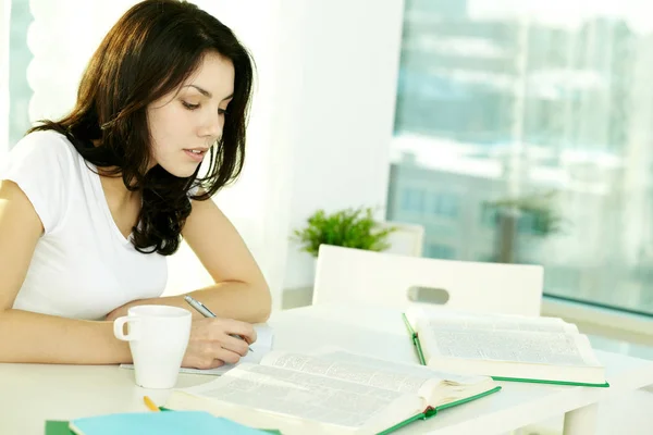 Студент, работающий со словарями дома — стоковое фото