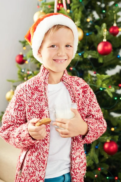 Santa jongen met glas melk en cookie — Stockfoto