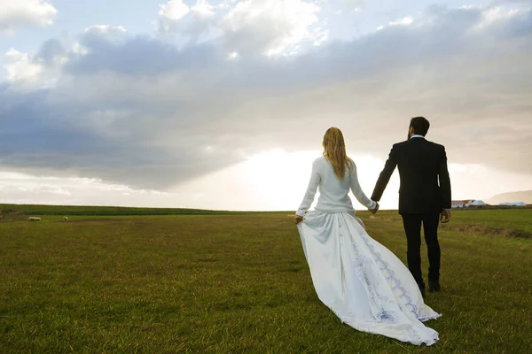 Newlyweds walking in field — Stock Photo, Image