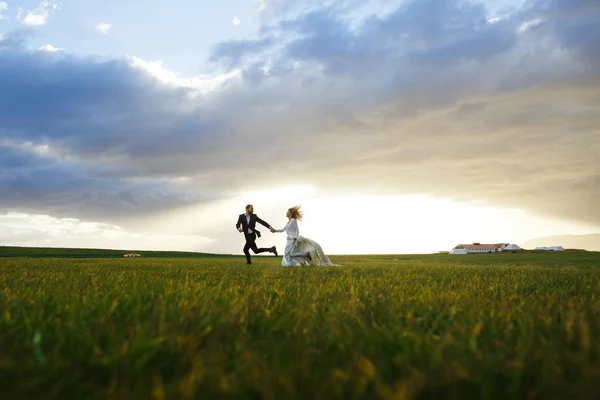 Recém-casados correndo em campo — Fotografia de Stock