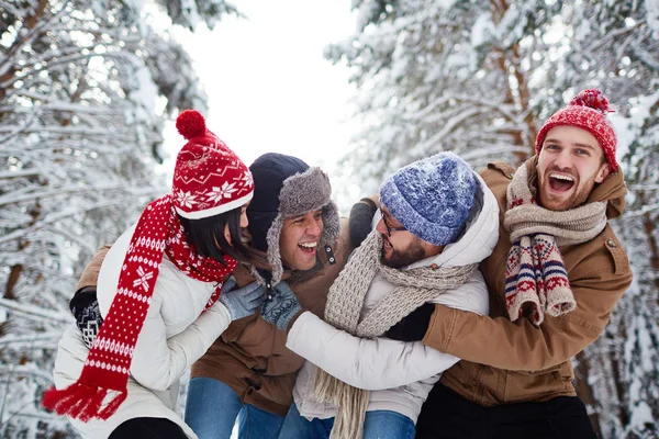 Vrienden in winter forest — Stockfoto