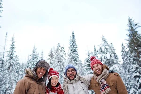 Vrienden in winter forest — Stockfoto