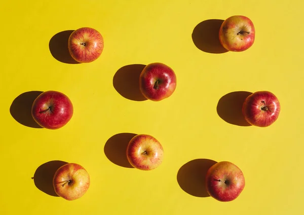 Röda äpplen ordnade i rader — Stockfoto