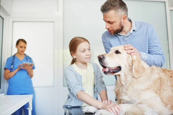 Father and daughter petting dog — Stock Photo, Image