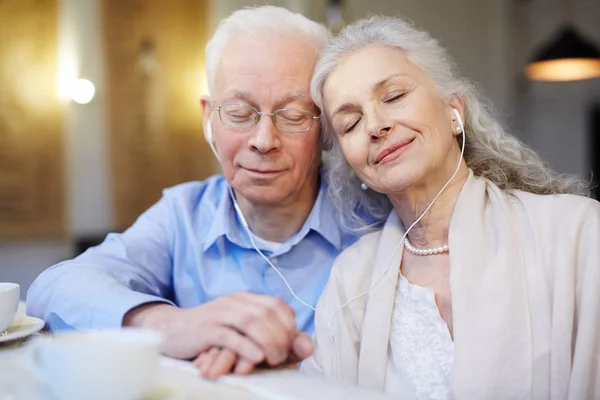 Äldre par i hörlurar — Stockfoto