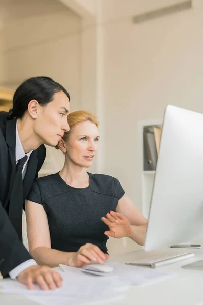 Due Colleghi Che Guardano Dati Online Nel Monitor Del Computer — Foto Stock