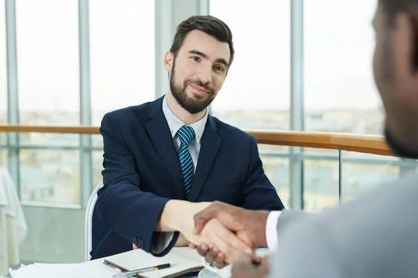 Portrait Two Business Partners One Them African Shaking Hands Meeting — Stock Photo, Image