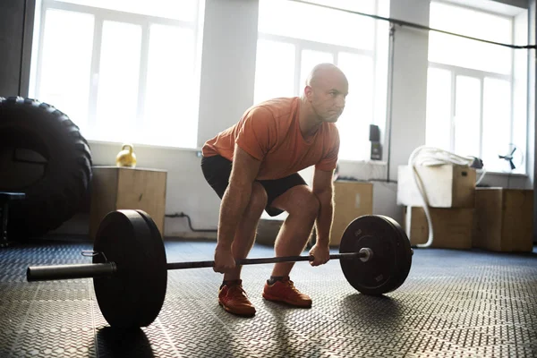 Middle Aged Sporty Man Preparing Make Exercise Biceps Help Barbell — Stock Photo, Image