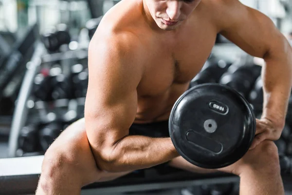 Porträt Eines Hemdlosen Muskulösen Mannes Der Beim Krafttraining Modernen Fitnessstudio — Stockfoto