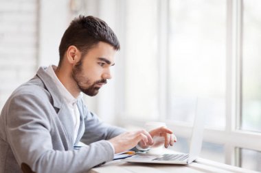 Profil görünümü geniş cyber kafede oturan ve dizüstü bilgisayar, dikey, bel yardımı ile onun proje üzerinde sakallı işadamı