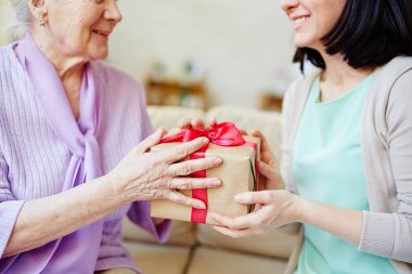 Genç bir kadın, büyük annesini tebrik ediyor.