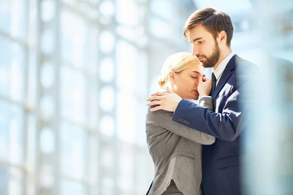 Portrait Frustrated Young Businesswoman Being Consoled Colleague Glass Hall Office — Stock Photo, Image