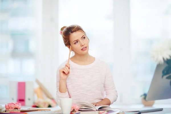 Pensive Young Floral Designer Sitting Lovely Office Making List Panoramic — Stock Photo, Image