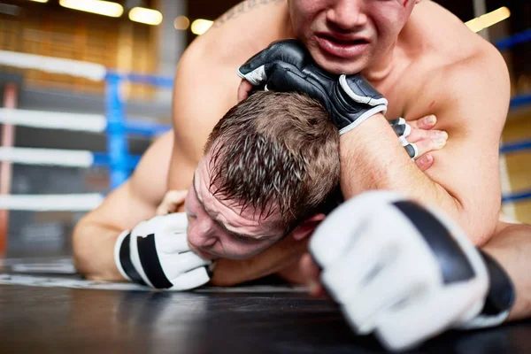 Portrait Shirtless Professional Wrestlers Fighting Boxing Ring Tackling Opponent Floor — Stock Photo, Image