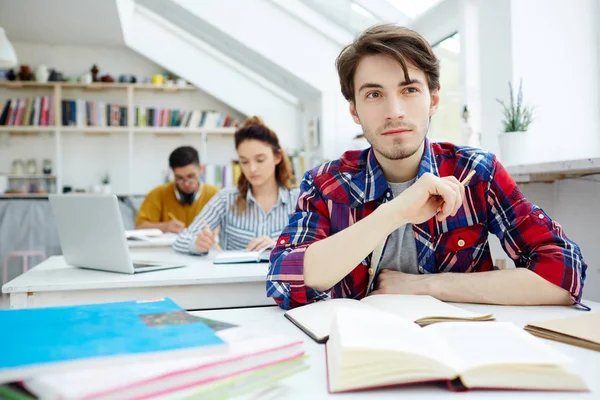 Pensive Learner Listening Lecturer Lesson — Stock Photo, Image