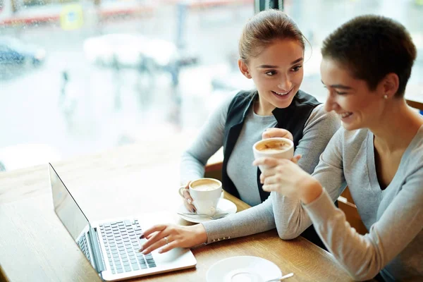 Jovens Mulheres Atraentes Bebendo Cappuccino Delicioso Conversando Animadamente Enquanto Reuniram — Fotografia de Stock