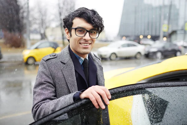 Portrait Young Handsome Middle Eastern Businessman Getting Taxi Cab Rainy — Stock Photo, Image