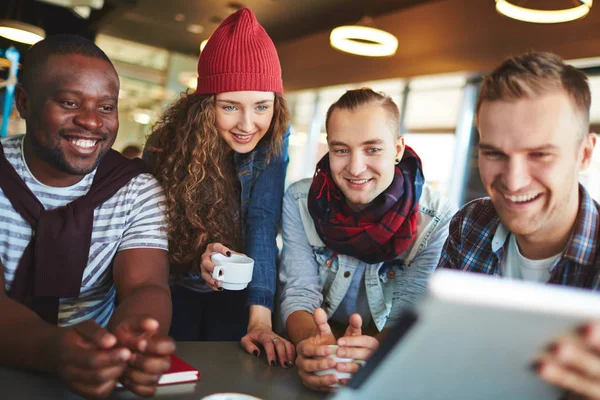 Multi Ethnic Group Friends Spending Winter Day Cozy Coffeehouse Watching — Stock Photo, Image