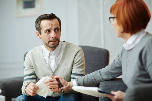 Anxious Middle Aged Man Visiting Psychiatrist — Stock Photo, Image