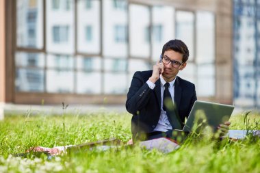 Dizüstü bilgisayar ve smartphone çimenlerin üzerinde arama aracı