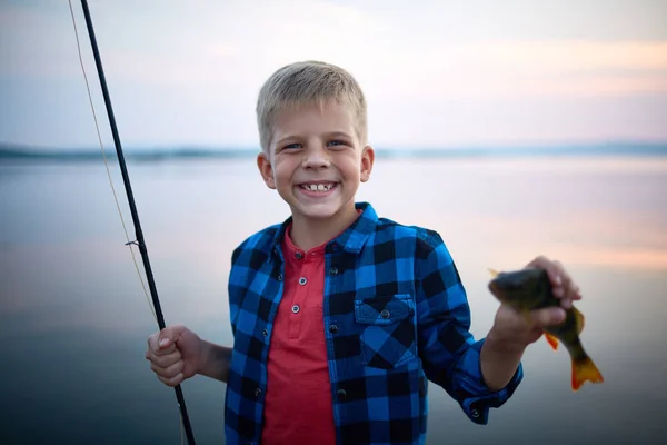 Portrait Blond Happy Boy Smiling Looking Camera Holding Fishing Rod — Stock Photo, Image