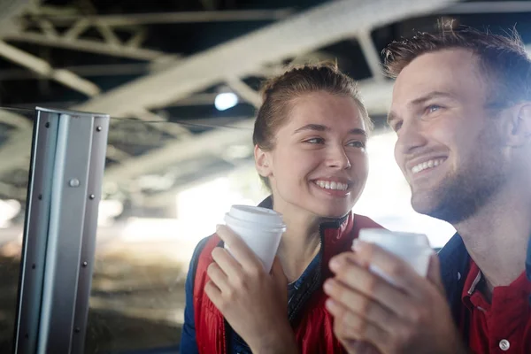 Citas Sonrientes Con Bebidas Disfrutando Viajar Motocicleta — Foto de Stock